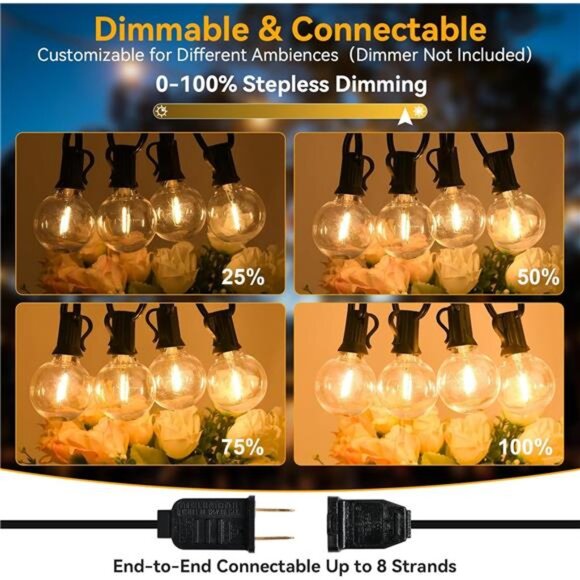 100ft Outdoor String Lights Waterproof/Connectable/Dimmable with 62 LED Bulbs - Picture 4 of 7